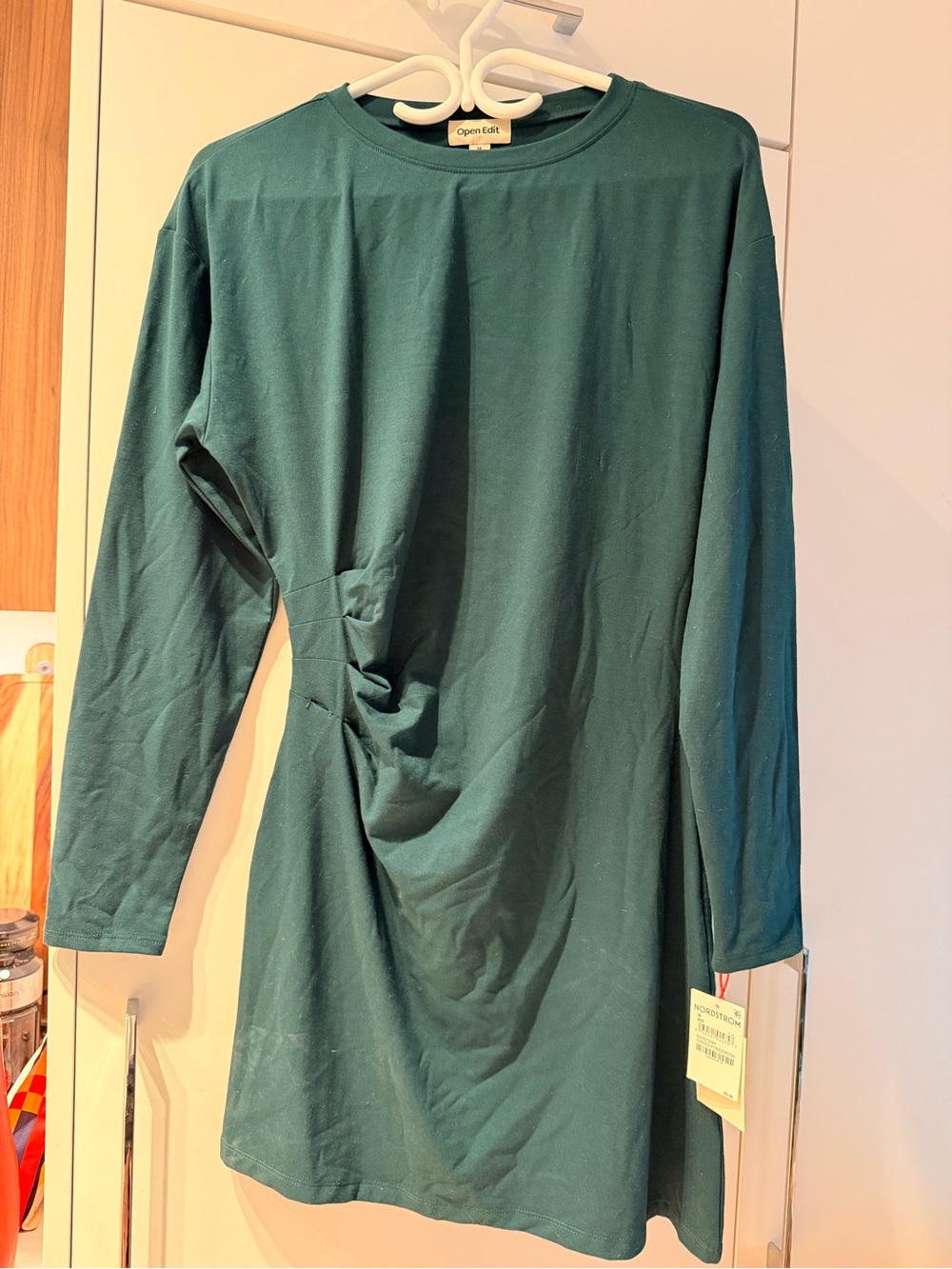 Open Edit Mini Green Long-Sleeve Ruched Dress